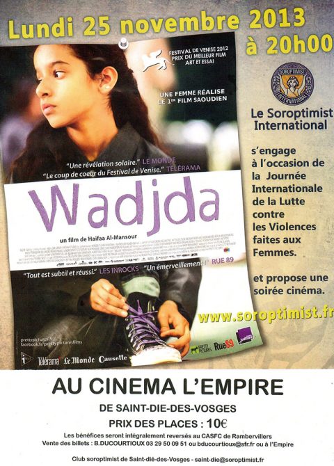Projection du film « Wadjda » le 25 novembre au cinéma l’Empire de Saint-Dié par l’association Soroptimist