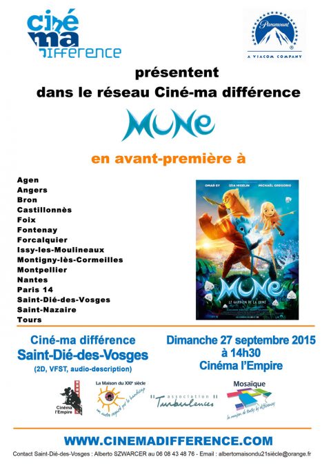 Projection ciné-ma différence du film «Mune» en avant-première le dimanche 27 septembre 2015 à 14h30
